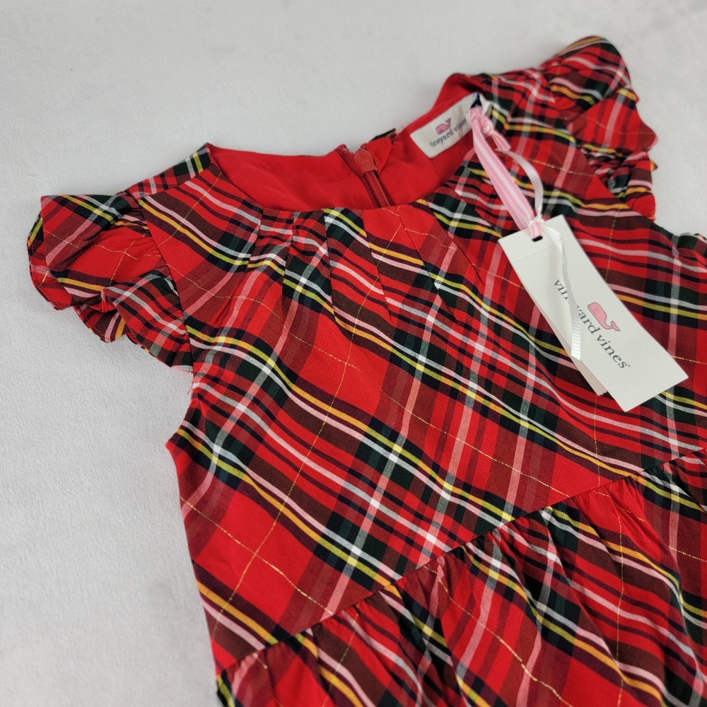 Vineyard Vines Toddler Girls Red Tartan Plaid Holiday Dress Flutter Sleeve 3T